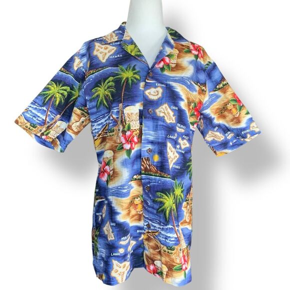 Vintage RJC Hawaiian Shirt Blue Island Map Short Sleeve Floral Aloha Boxy Camp - Picture 1 of 8
